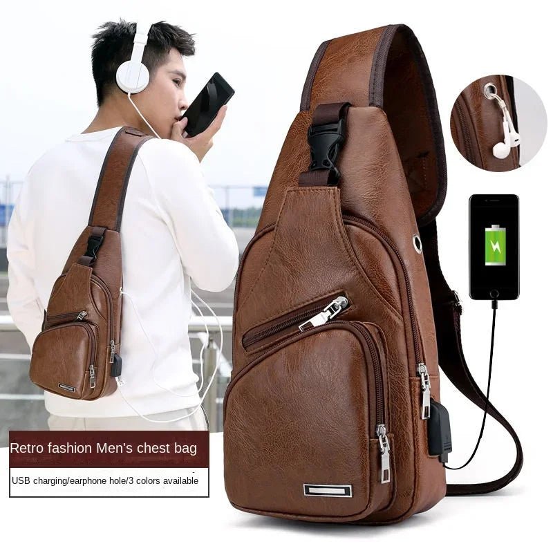 In stock men's chest bag with headphone jack USB shoulder strap - Friendly Smart Shopping